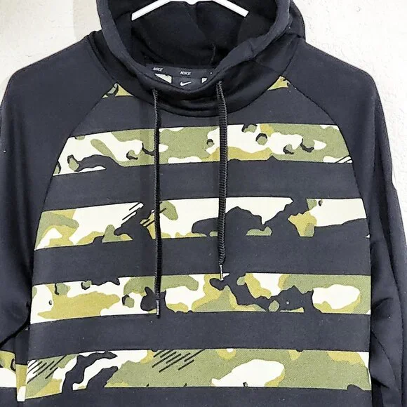 Nike Dri-Fit Black & Camo Hoodie Men's Striped Pullover Kangaroo Pocket - Picture 2 of 8
